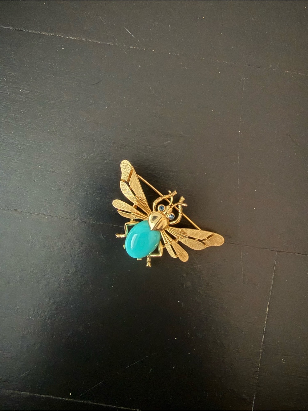Gold Bee Brooch with Turquoise Cabochon Accent